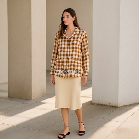 Ganni Brown & Cream Silk Check Shirt Button Down Plaid Oversized Size 32 XXS - Picture 11 of 12